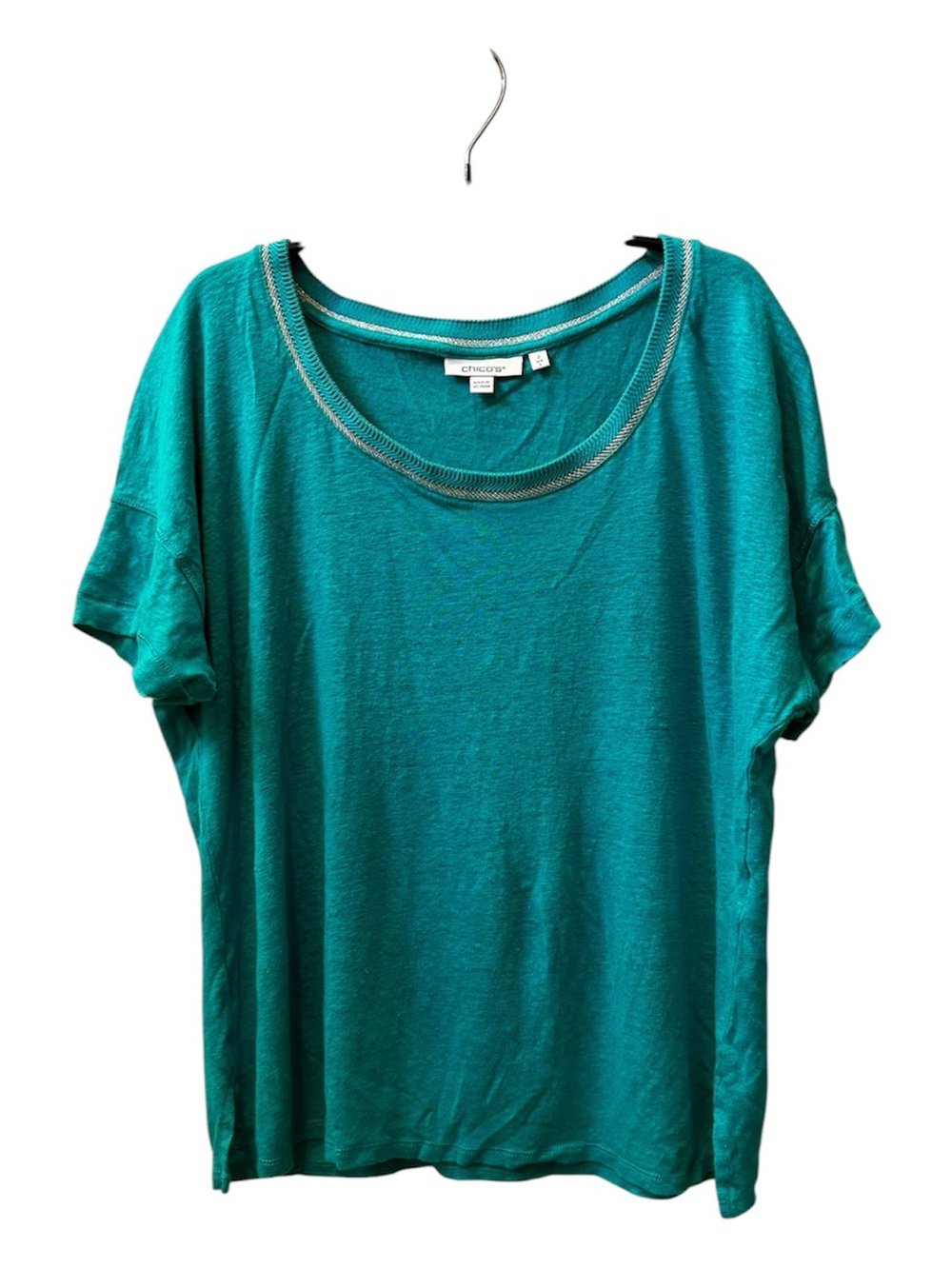 CHICOS Teal/Silver Sweater Trim Linen Tee Size Large